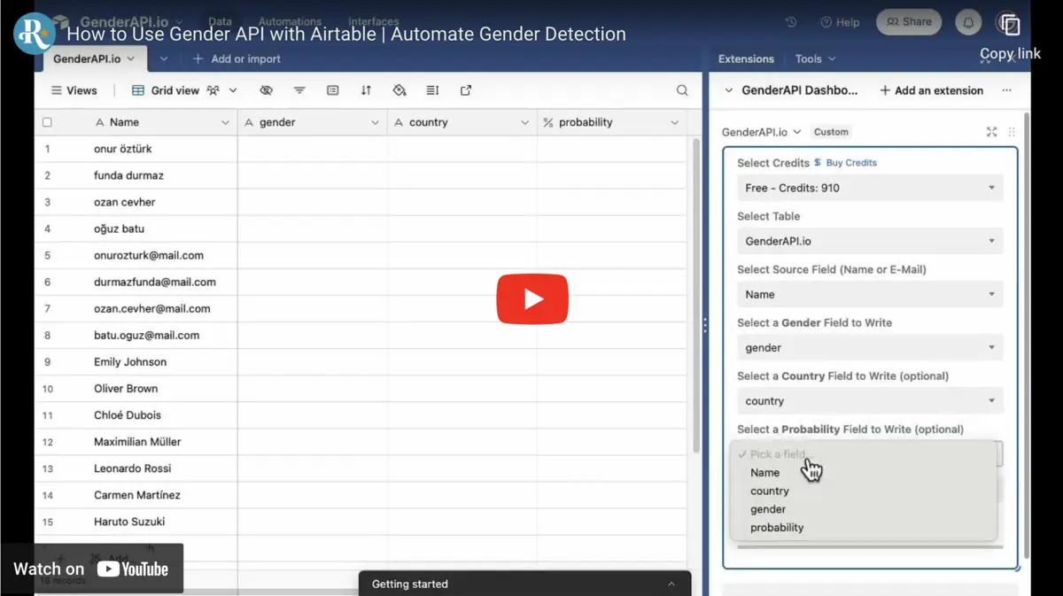 Gender API Airtable Uzantısını Kullanma Videosu