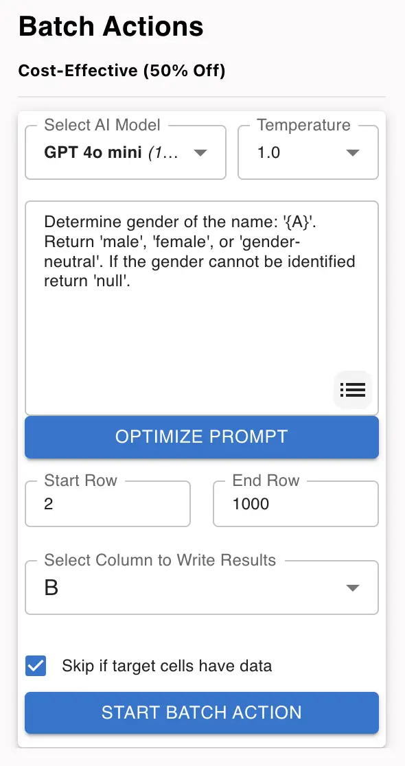 Batch Actions interface for gender detection in Google Sheets using ChatGPT AI.