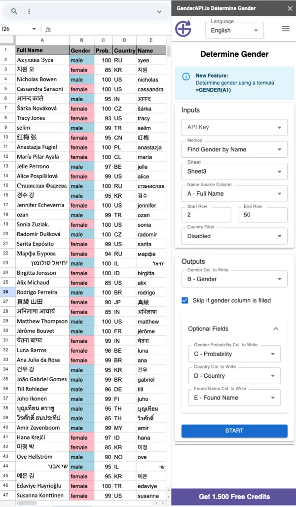 Determine Gender of Customer Data in Google Sheets