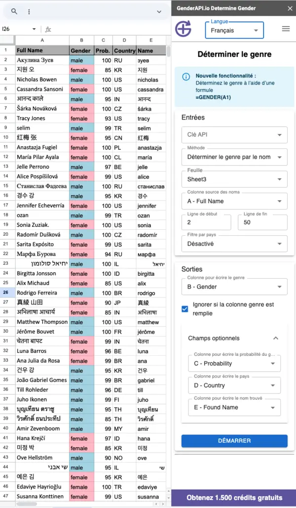 Déterminer le genre des données clients dans Google Sheets