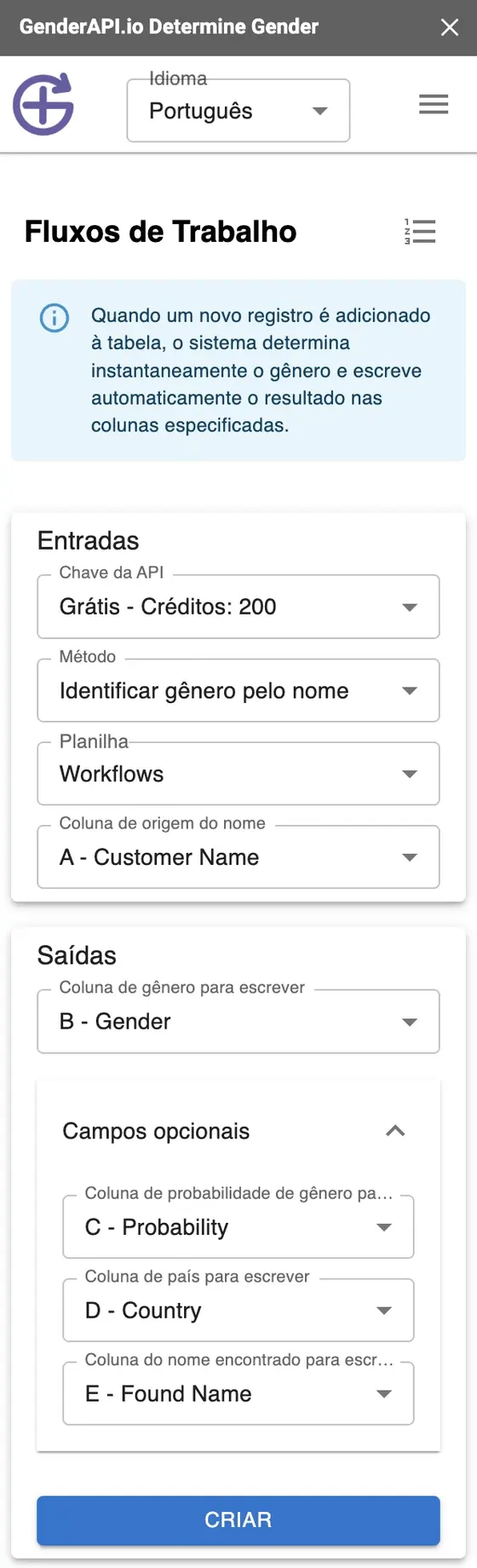 Como Identificar o Gênero dos Clientes no Google Sheets em Tempo Real - Detecção de gênero com o complemento do Gender API