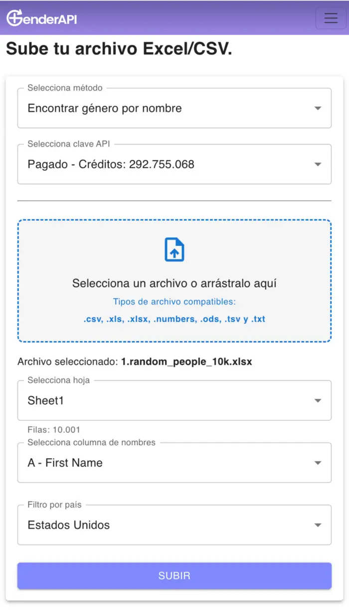 Aplicación Gender API Excel CSV