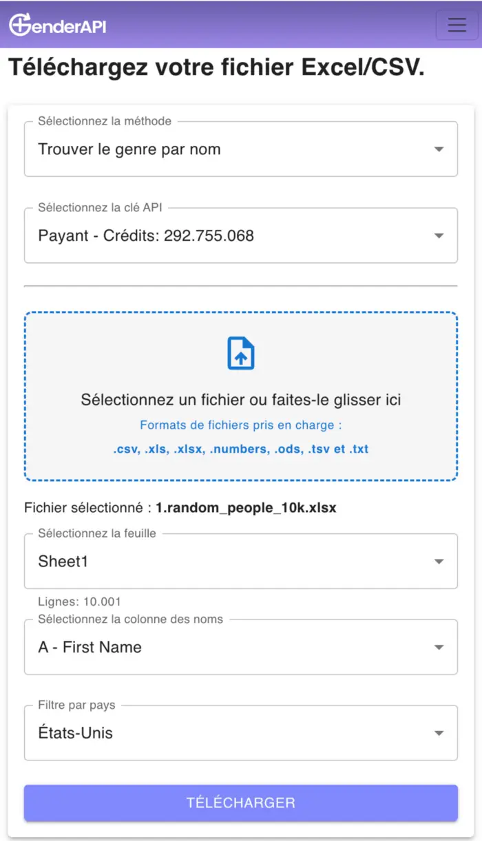 Application Gender API Excel CSV