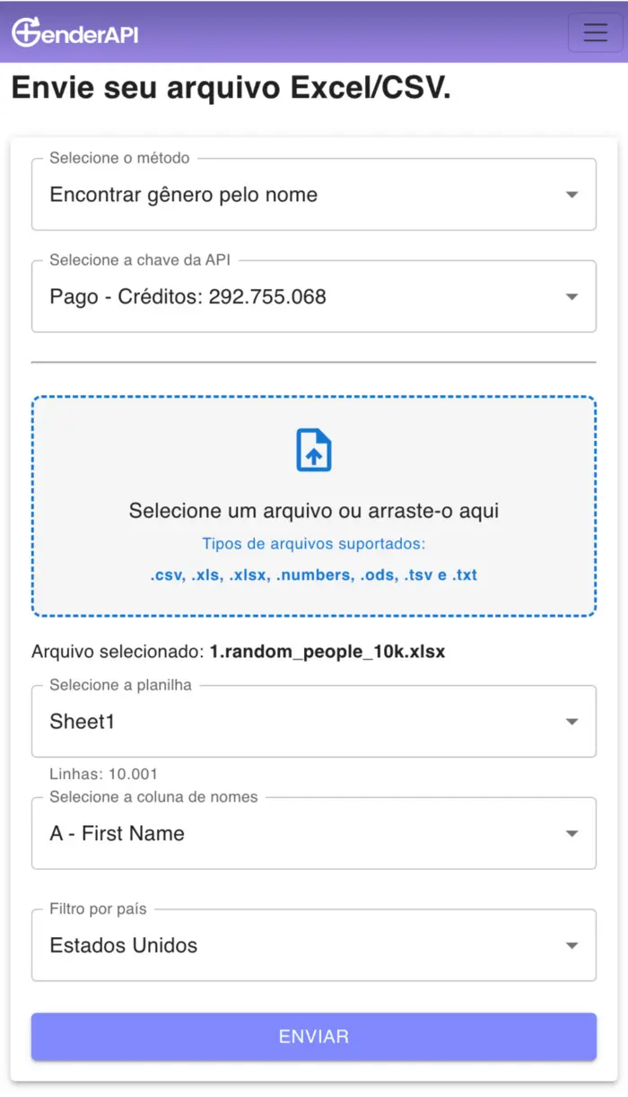 Aplicativo Gender API Excel CSV