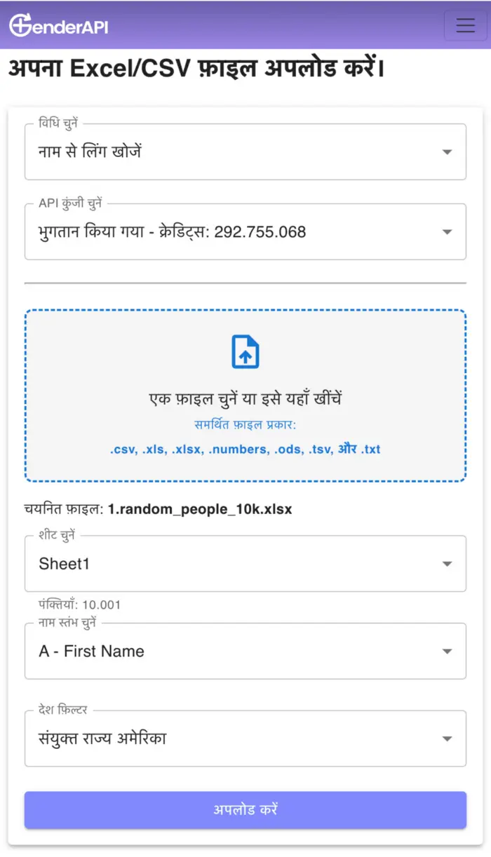 GenderAPI Excel CSV ऐप