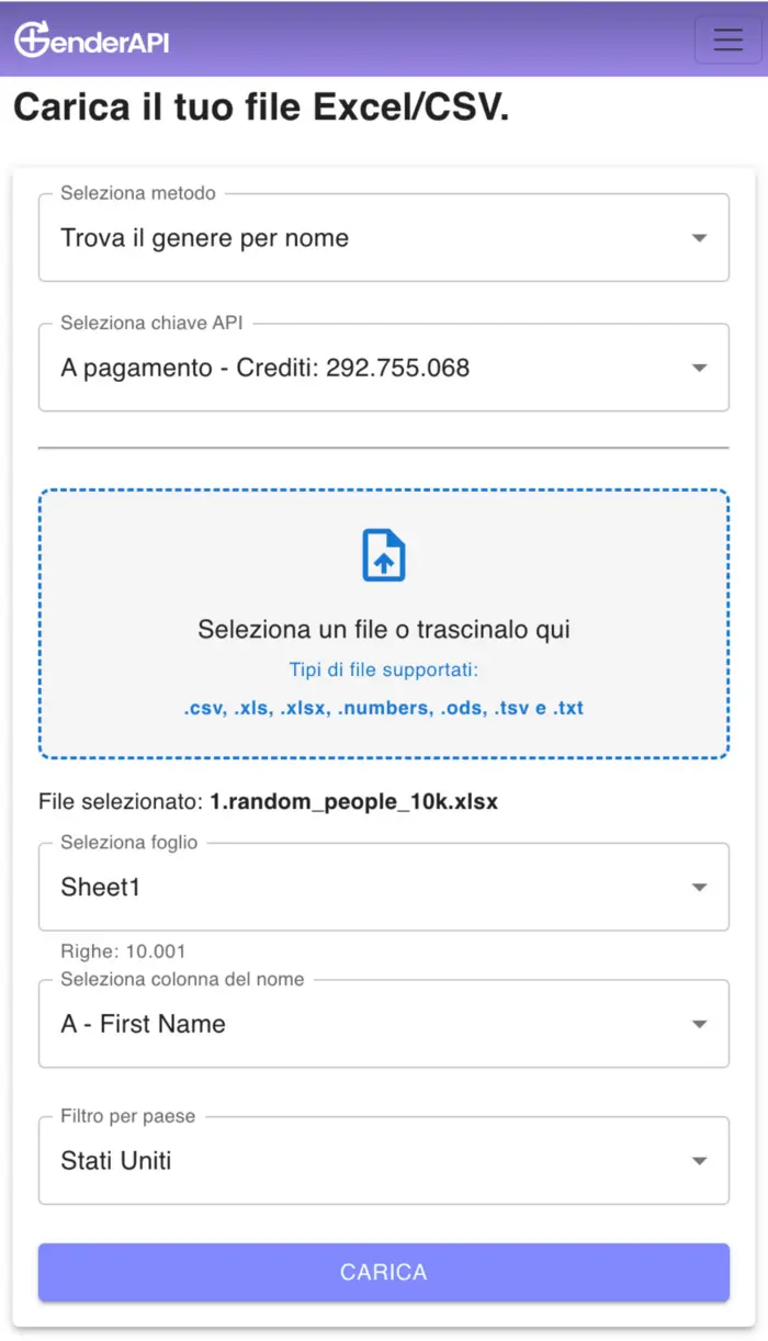 App Gender API Excel CSV