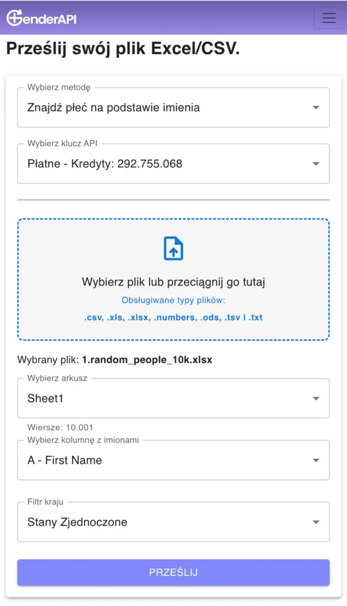 Aplikacja Gender API Excel CSV