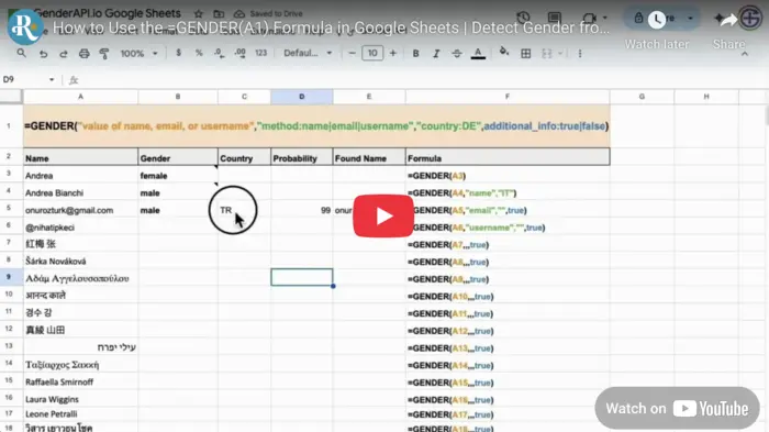 Tutorial Video for GENDER(A1) Formula for Google Sheets