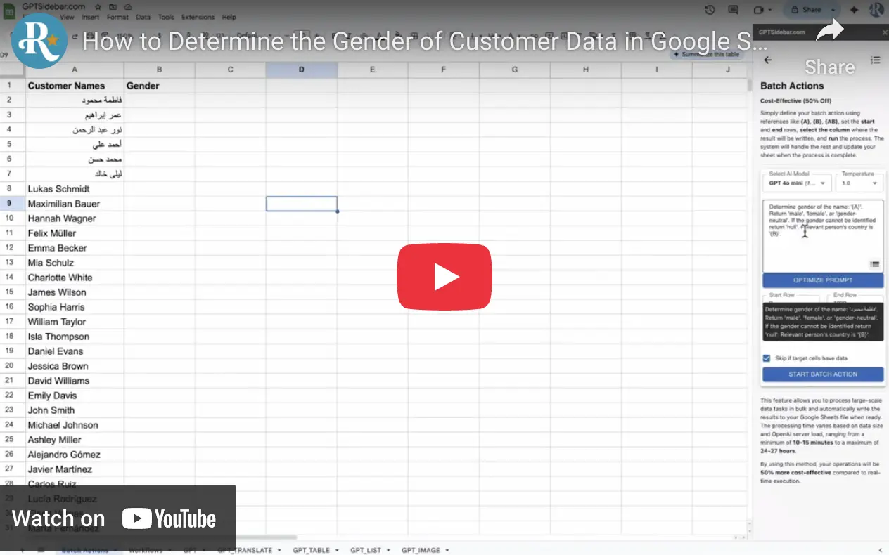 Visualização do vídeo no YouTube mostrando como determinar o gênero dos dados dos clientes no Google Sheets utilizando a IA do ChatGPT.