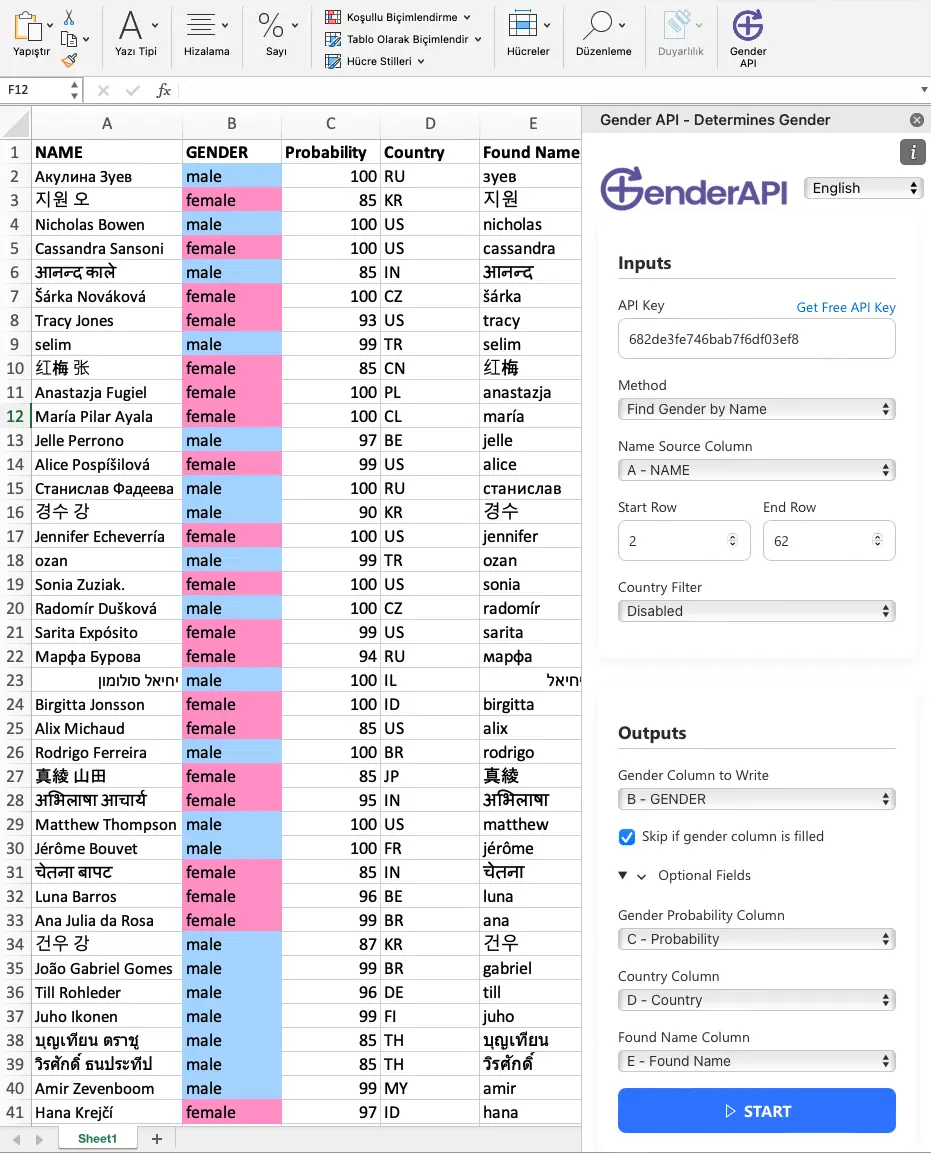 Captura de tela mostrando resultados de identificação de gênero com o complemento GenderAPI para Excel