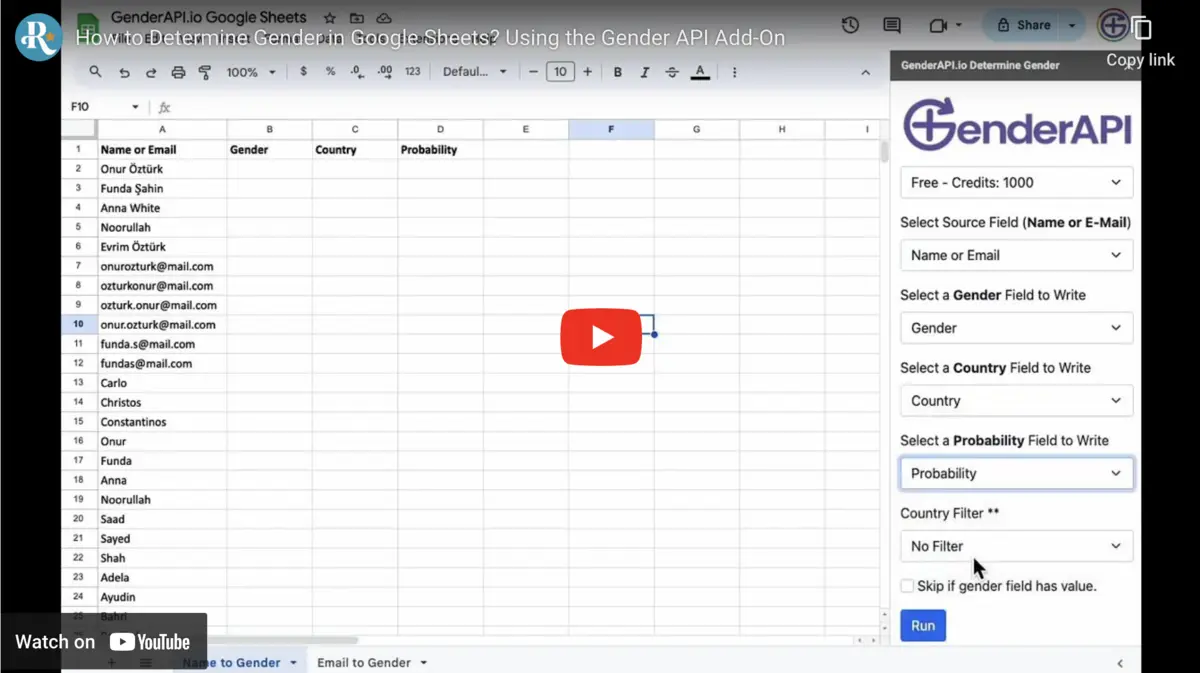 Gender API Google Sheets Add-On Tutorial Video