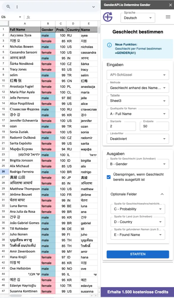 Geschlecht von Kundendaten in Google Sheets bestimmen