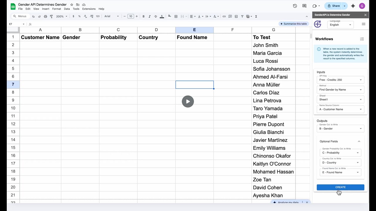 GenderAPI Google Sheets 实时工作流视频教程