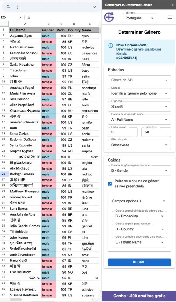 Identificar gênero dos dados do cliente no Google Sheets
